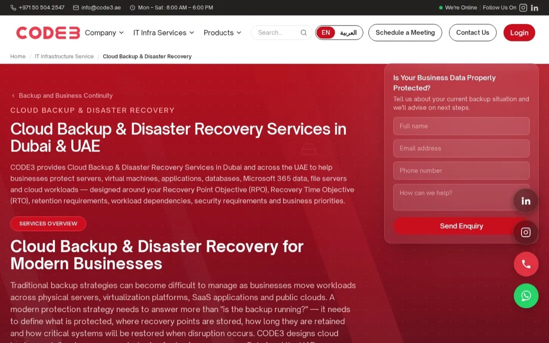 CODE3 website page, cloud backup and disaster recovery in Dubai and the UAE