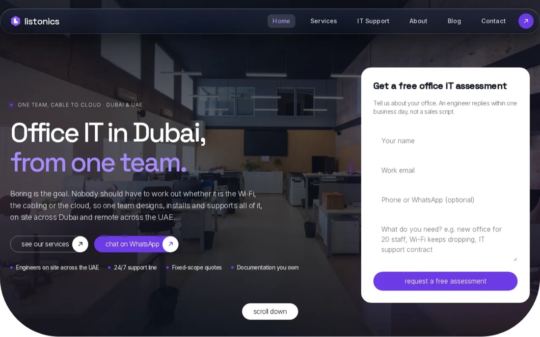 Listonics website homepage, office IT in Dubai from one team