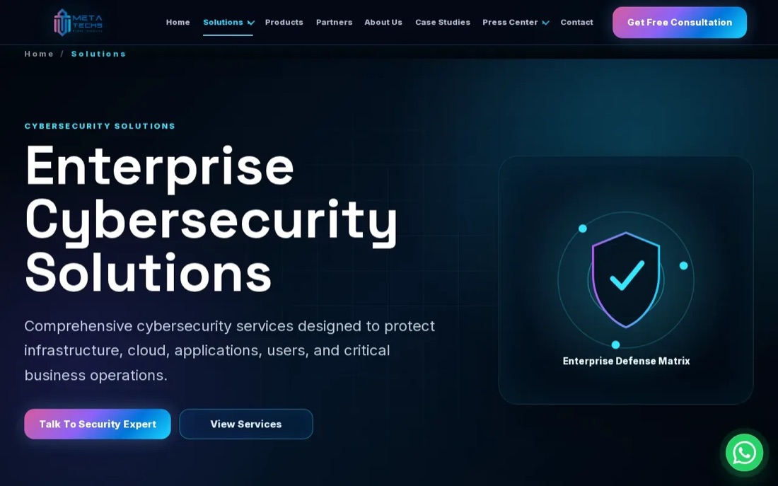 Meta Techs website homepage, enterprise cybersecurity solutions in Dubai