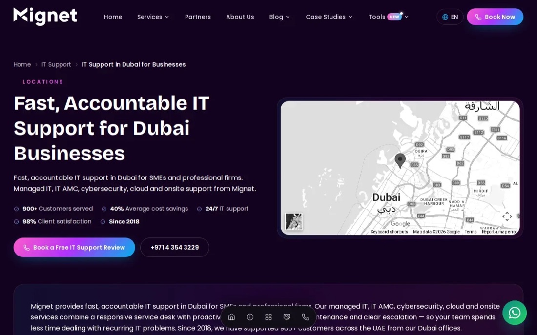 Mignet website homepage, managed IT support for Dubai businesses