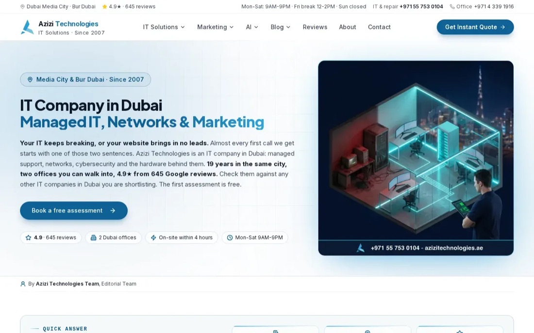 Azizi Technologies website homepage, an IT and networking company in Dubai
