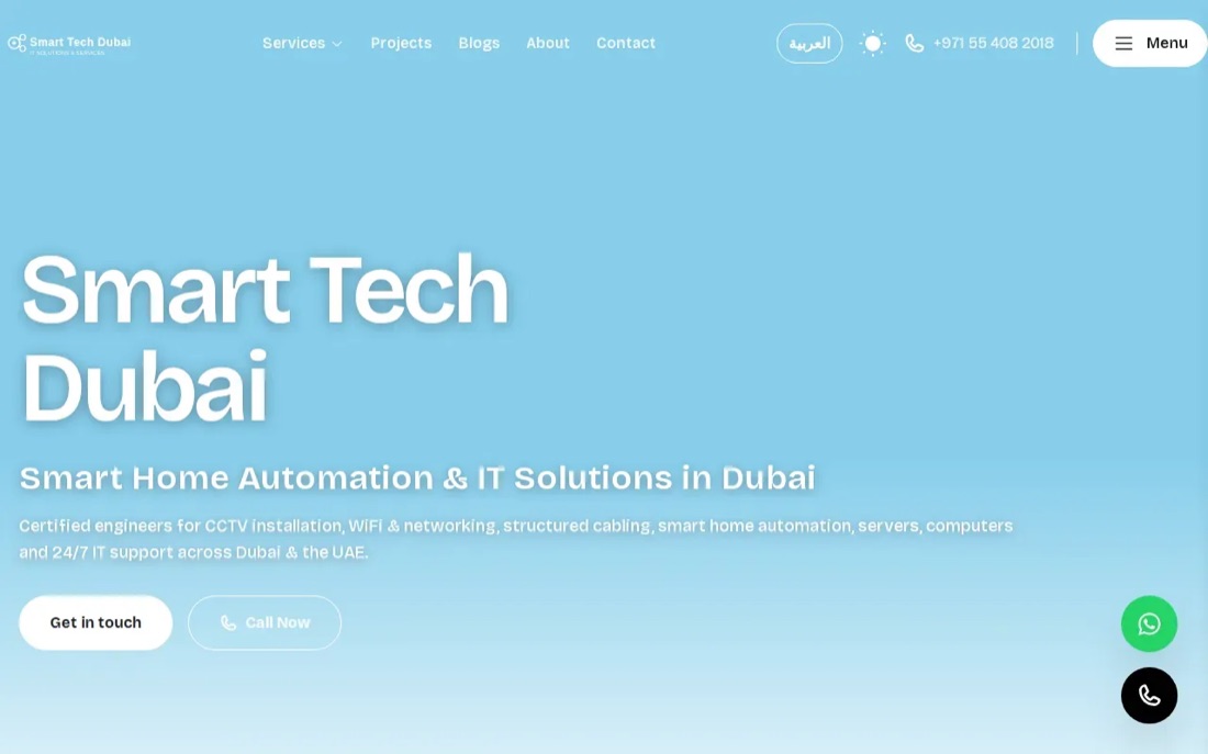 Smart Tech Dubai website homepage, enterprise Wi-Fi and structured cabling