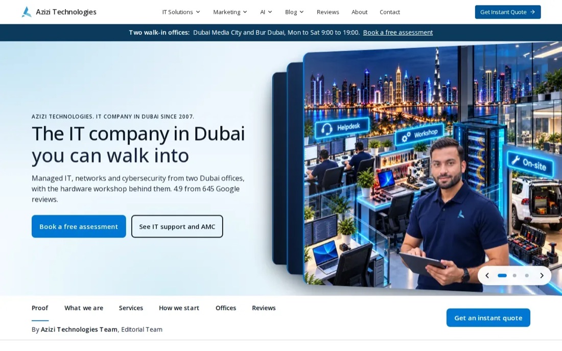 Azizi Technologies website homepage, a Dubai IT company with walk-in offices