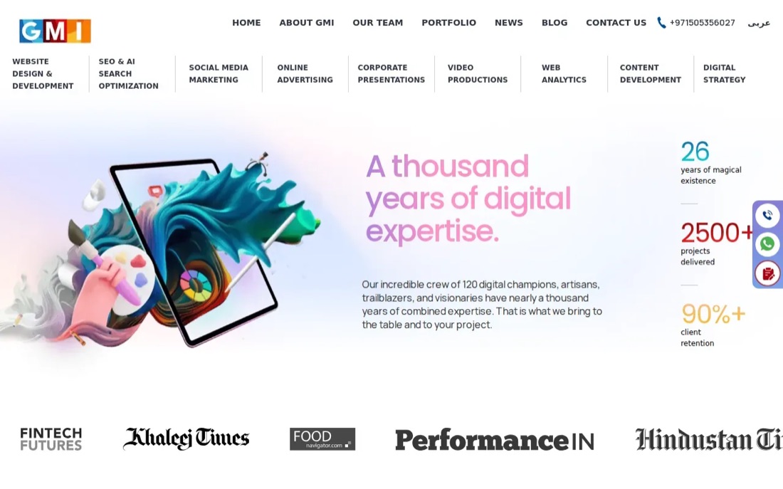 Global Media Insight (GMI) website homepage, a Dubai digital agency