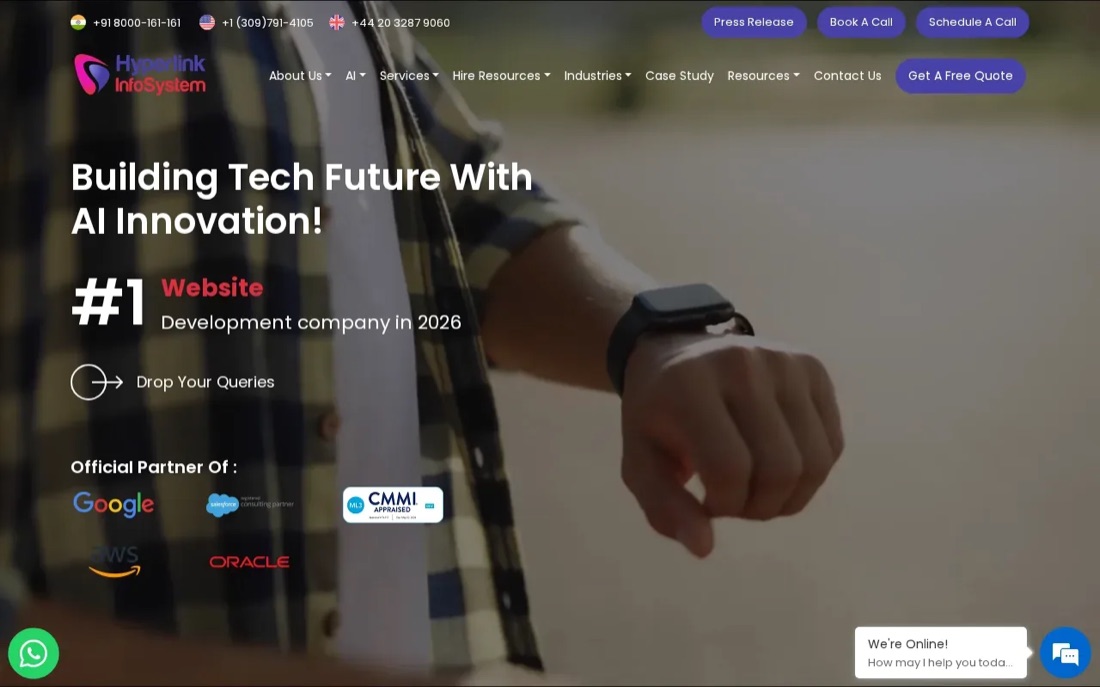 Hyperlink InfoSystem website homepage, a product engineering and SaaS company