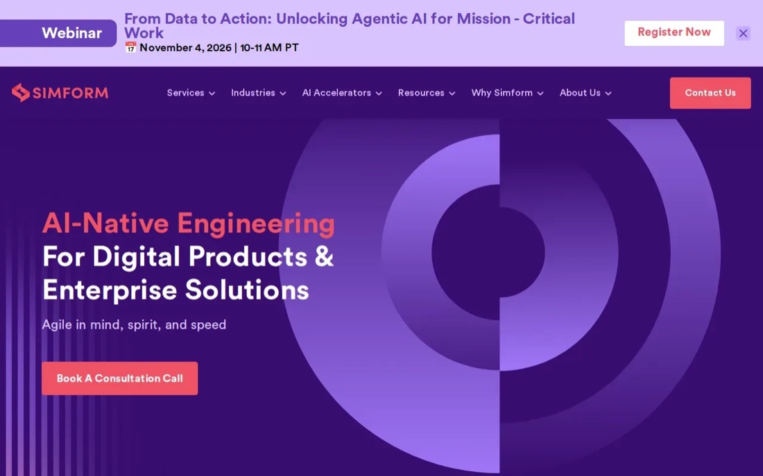 Simform website homepage, an ERP, CRM and business automation company