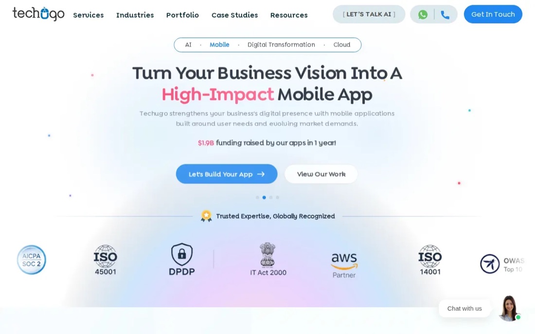 Techugo website homepage, a Dubai software development company
