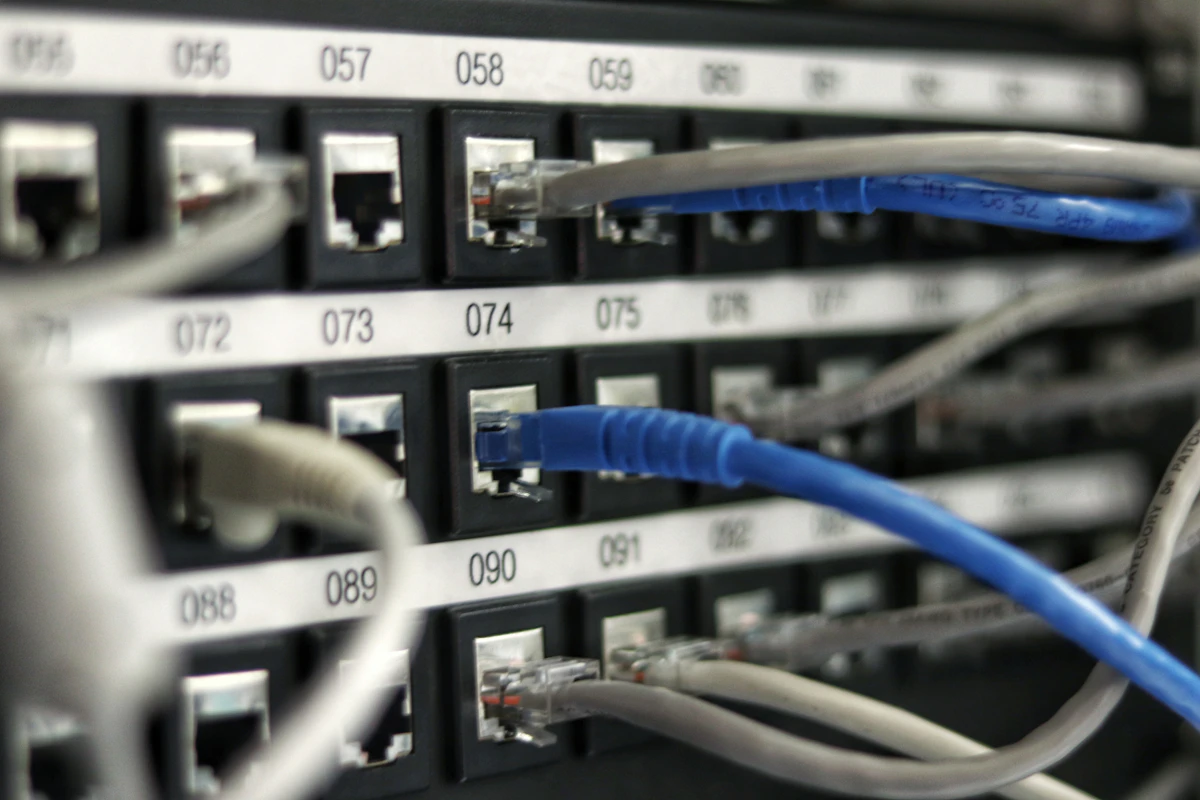 Numbered patch panel ports with blue and grey Ethernet cables plugged in